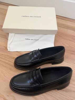 Freda Salvador Black Leather Penny Loafers for Women